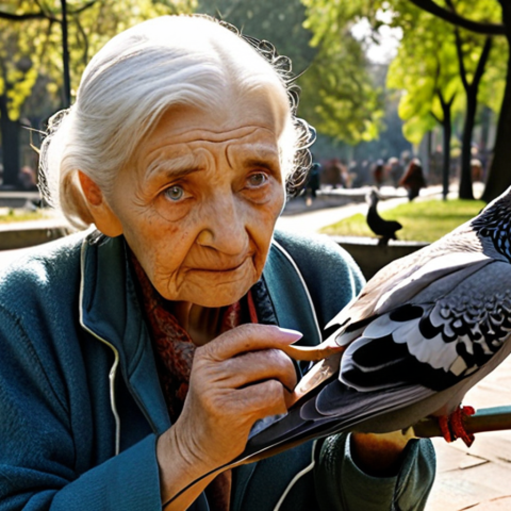 **An elderly woman in a park feeding pigeons, with a dragon-headed cane. Focus on wrinkles, radiant eyes, and a fantastical element.**