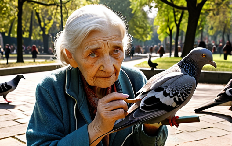 **An elderly woman in a park feeding pigeons, with a dragon-headed cane. Focus on wrinkles, radiant eyes, and a fantastical element.**