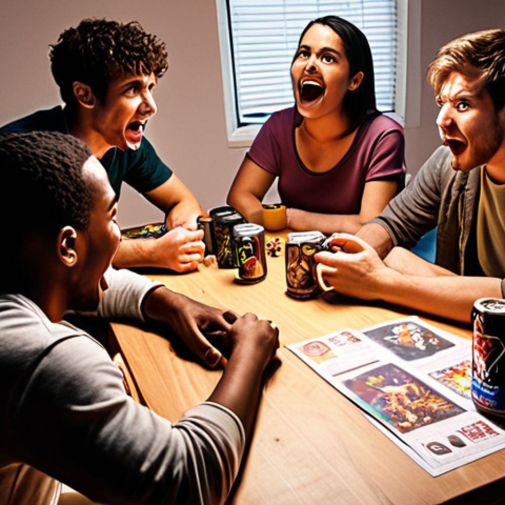 **

A diverse group of video game players passionately discussing character motivations and backstories around a table littered with concept art, design documents, and energy drink cans. The lighting is warm and inviting, highlighting the collaborative and energetic atmosphere. Focus on facial expressions showing engagement, excitement, and disagreement.

**