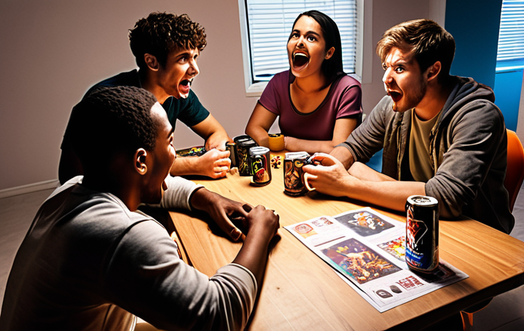 **
A diverse group of video game players passionately discussing character motivations and backstories around a table littered with concept art, design documents, and energy drink cans. The lighting is warm and inviting, highlighting the collaborative and energetic atmosphere. Focus on facial expressions showing engagement, excitement, and disagreement.
**