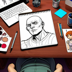 **

A character design artist's desk cluttered with digital art tools like Adobe Photoshop, Clip Studio Paint, and a graphics tablet. Sketches of various character designs are scattered around, showing different styles, anatomy studies, and color palettes. The overall feel is creative, busy, and focused on the fundamentals of character creation.

**