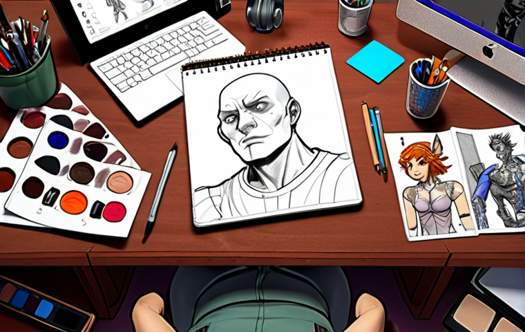 **
A character design artist's desk cluttered with digital art tools like Adobe Photoshop, Clip Studio Paint, and a graphics tablet. Sketches of various character designs are scattered around, showing different styles, anatomy studies, and color palettes. The overall feel is creative, busy, and focused on the fundamentals of character creation.
**