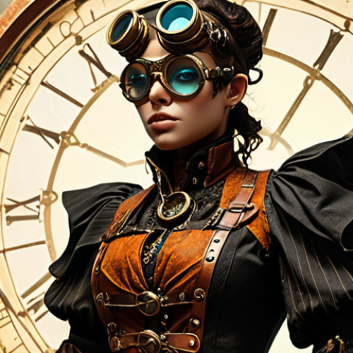Home 25 **
A vibrant fantasy steampunk character concept art. Focus on a character with unique silhouette, detailed clothing and accessories (perhaps goggles). Mood board influences, blending fantasy and steampunk aesthetics.
**