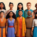 **

A diverse group of stylized characters in modern clothing, representing different ethnicities and body types. Each character has a unique expression reflecting kindness, strength, or wisdom. The background features subtle cultural symbols from around the world, blending together in a harmonious way. The color palette is vibrant and inclusive, avoiding stereotypical associations.

**