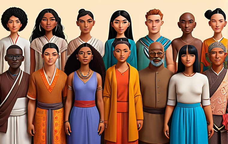 **
A diverse group of stylized characters in modern clothing, representing different ethnicities and body types. Each character has a unique expression reflecting kindness, strength, or wisdom. The background features subtle cultural symbols from around the world, blending together in a harmonious way. The color palette is vibrant and inclusive, avoiding stereotypical associations.
**