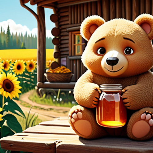 Home 23 **
A cute, relatable cartoon bear character holding a jar of honey, with a warm, inviting smile. The background features a cozy Russian countryside scene with traditional wooden houses ("izbas") and blooming sunflowers. Text overlay (in Russian): "Sweetness you can trust." Focus on warm colors and nostalgic feelings.
**