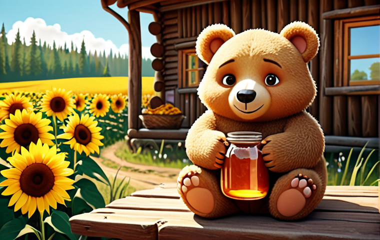 **
A cute, relatable cartoon bear character holding a jar of honey, with a warm, inviting smile. The background features a cozy Russian countryside scene with traditional wooden houses ("izbas") and blooming sunflowers. Text overlay (in Russian): "Sweetness you can trust." Focus on warm colors and nostalgic feelings.
**