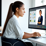 A focused female digital artist, fully clothed in a professional, modern blouse and trousers, seated comfortably at a sleek desk in a sunlit, high-tech digital art studio. She is confidently reviewing a detailed 3D character model on a large, high-resolution monitor, a subtle glow from a framed international certification visible on her desk. The workspace is organized and minimalist, emphasizing professionalism and expertise. safe for work, appropriate content, fully clothed, professional, perfect anatomy, correct proportions, natural pose, well-formed hands, natural body proportions, professional photography, high quality.