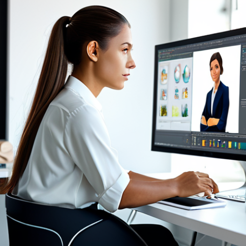 Home 22 A focused female digital artist, fully clothed in a professional, modern blouse and trousers, seated comfortably at a sleek desk in a sunlit, high-tech digital art studio. She is confidently reviewing a detailed 3D character model on a large, high-resolution monitor, a subtle glow from a framed international certification visible on her desk. The workspace is organized and minimalist, emphasizing professionalism and expertise. safe for work, appropriate content, fully clothed, professional, perfect anatomy, correct proportions, natural pose, well-formed hands, natural body proportions, professional photography, high quality.