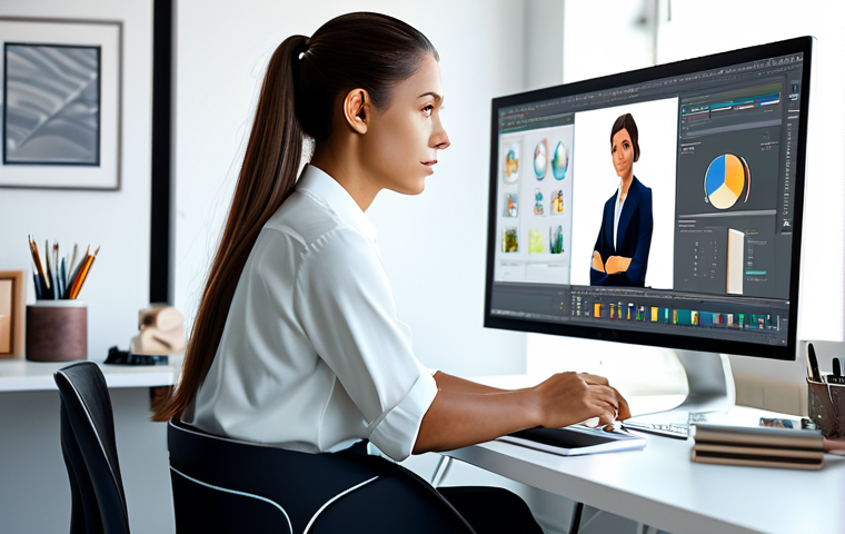 A focused female digital artist, fully clothed in a professional, modern blouse and trousers, seated comfortably at a sleek desk in a sunlit, high-tech digital art studio. She is confidently reviewing a detailed 3D character model on a large, high-resolution monitor, a subtle glow from a framed international certification visible on her desk. The workspace is organized and minimalist, emphasizing professionalism and expertise. safe for work, appropriate content, fully clothed, professional, perfect anatomy, correct proportions, natural pose, well-formed hands, natural body proportions, professional photography, high quality.
