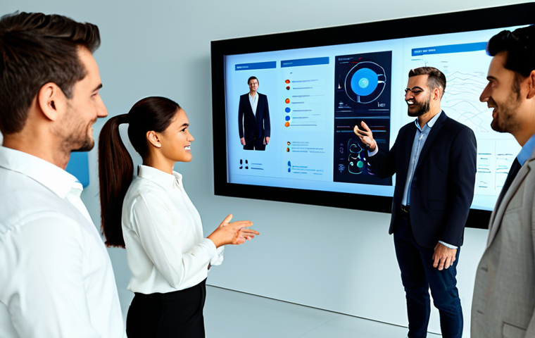 A diverse team of professional designers, including men and women, are gathered around a large interactive display in a modern, brightly lit design studio. They are fully clothed in modest business casual attire, actively collaborating and discussing digital character concepts shown on the screen. The scene conveys a sense of unified vision and effective communication. The individuals are depicted with perfect anatomy, correct proportions, natural poses, well-formed hands, and proper finger count. This image is safe for work, appropriate content, fully clothed, professional, and family-friendly, rendered with high quality, sharp focus, and natural body proportions.