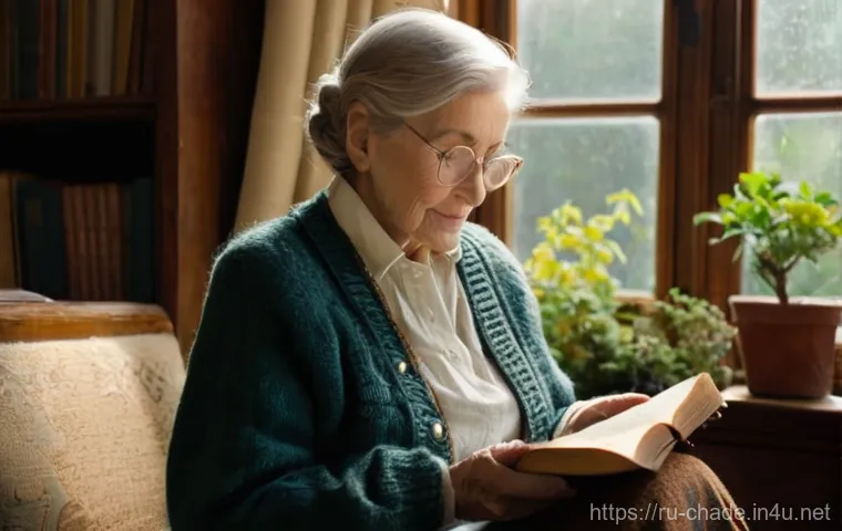캐릭터 디자인 입시를 준비하는 법 - **Prompt:** A weathered but kind-faced elderly woman, a retired librarian, sits in her cozy, sunlit ...