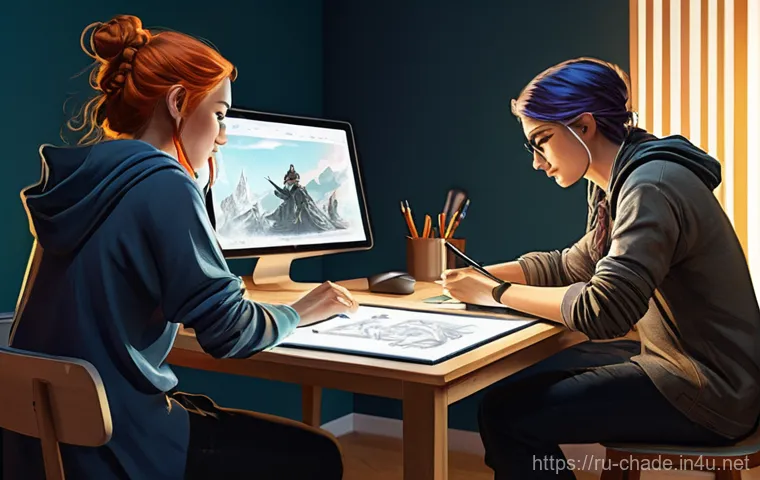 캐릭터 디자인 블로그 키워드 전략 - A vibrant, inspiring image of a young female art student, aged around 20, with a focused yet joyful ...