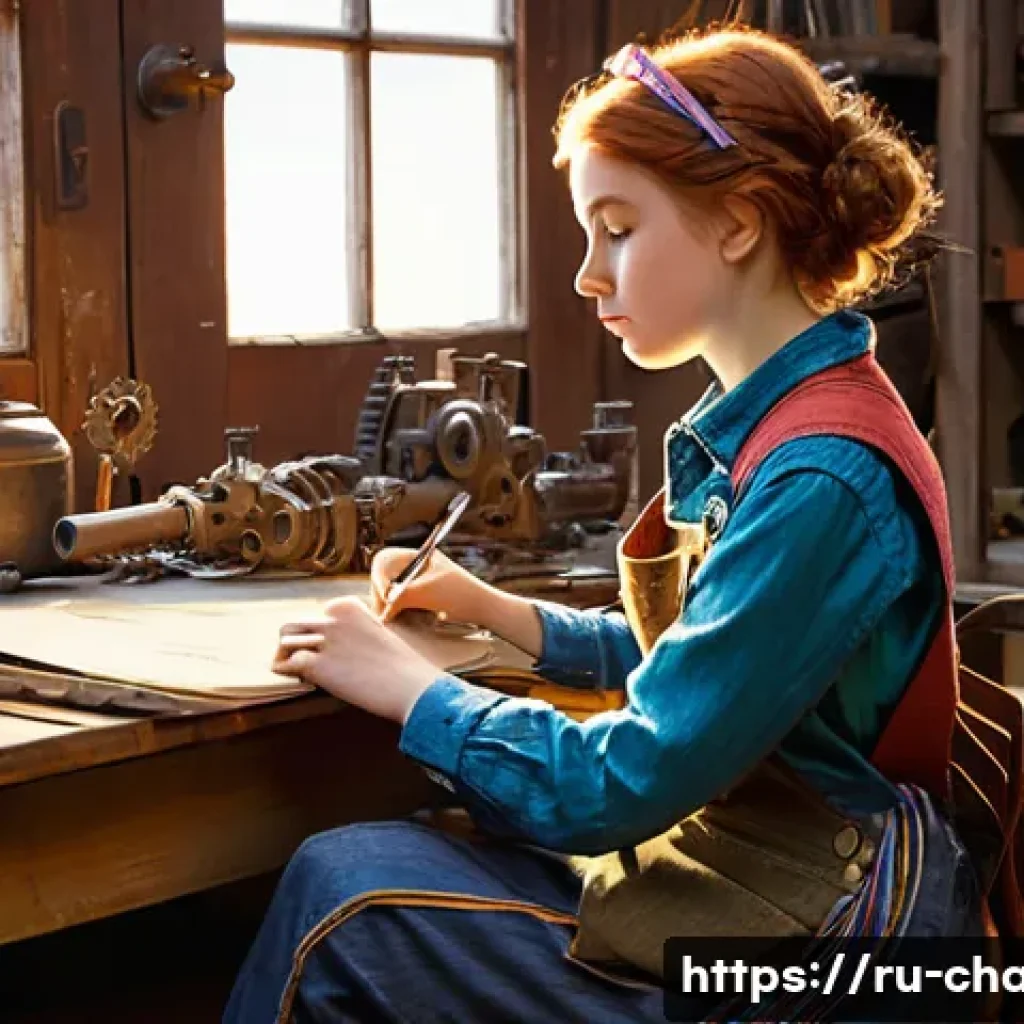 캐릭터 디자인 입시 포트폴리오 준비 사례 - **Prompt 1: The Young Inventor's Sanctuary**
A whimsical, young female inventor, around 19 years...