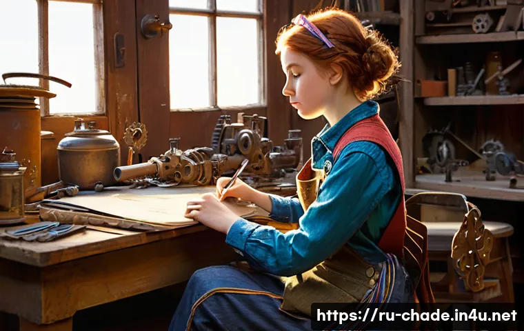 캐릭터 디자인 입시 포트폴리오 준비 사례 - **Prompt 1: The Young Inventor's Sanctuary**
A whimsical, young female inventor, around 19 years...