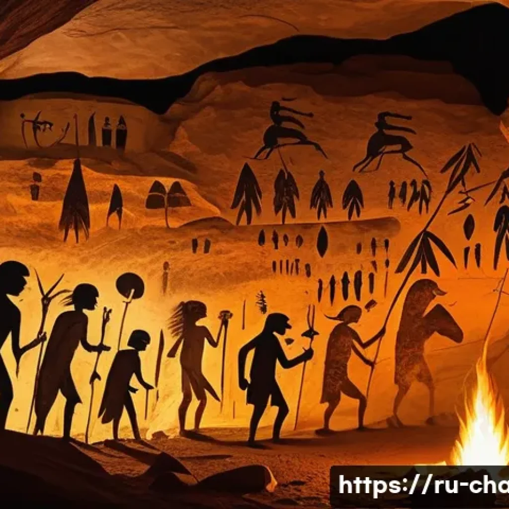 캐릭터 디자인의 역사적 배경 - A detailed ancient cave painting scene showing early human characters depicted with primitive symbol...