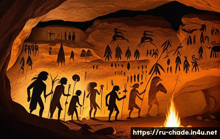캐릭터 디자인의 역사적 배경 - A detailed ancient cave painting scene showing early human characters depicted with primitive symbol...