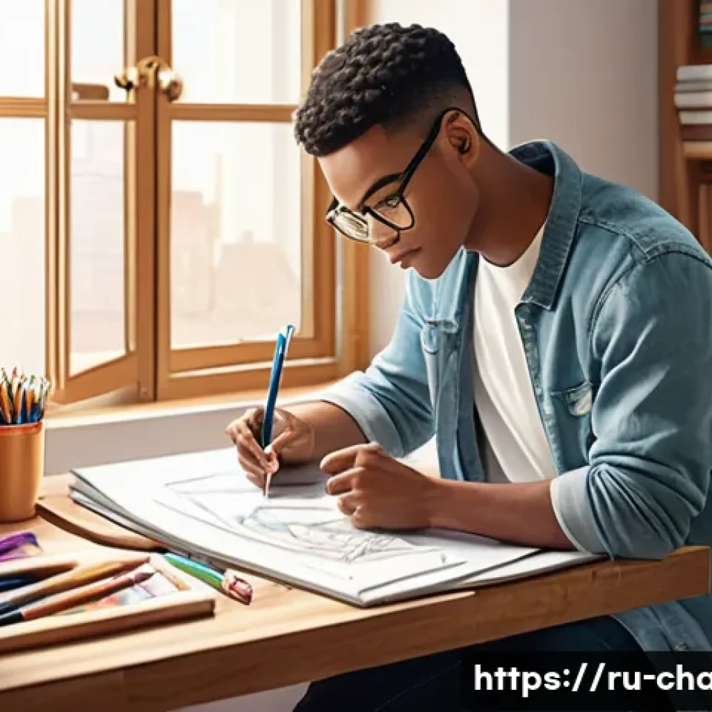 캐릭터 디자인과 미술 교육의 관계 - A detailed character design illustration of a young adult artist in a cozy studio, wearing casual cl...