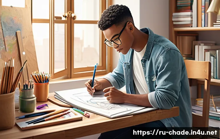 캐릭터 디자인과 미술 교육의 관계 - A detailed character design illustration of a young adult artist in a cozy studio, wearing casual cl...