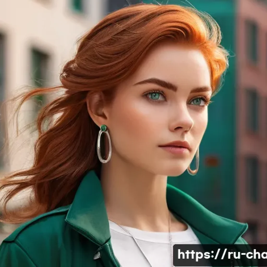 캐릭터 디자인 비주얼 스토리텔링 - A confident young female character with neatly styled auburn hair and striking emerald green eyes, w...