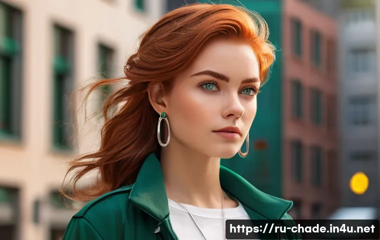 캐릭터 디자인 비주얼 스토리텔링 - A confident young female character with neatly styled auburn hair and striking emerald green eyes, w...
