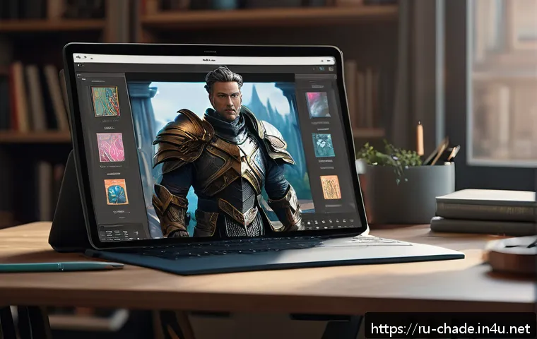캐릭터 디자인 이직 준비 체크리스트 - A professional character designer workspace scene featuring a modern iPad with Procreate open displa...