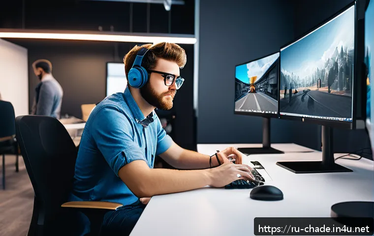 캐릭터 디자인 전공생의 취업 현황 - A young character designer working in a modern game development studio, surrounded by dual monitors ...