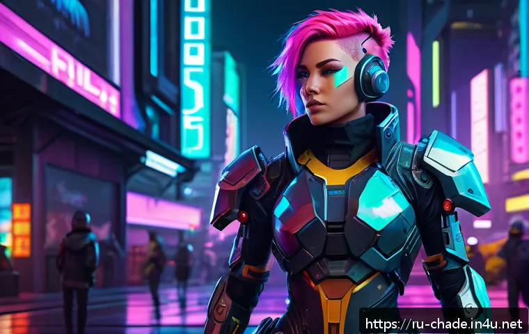 캐릭터 디자인 관련 프로젝트 의뢰 사례 - A dynamic cyberpunk female character design suitable for a Russian gaming studio, featuring vibrant ...