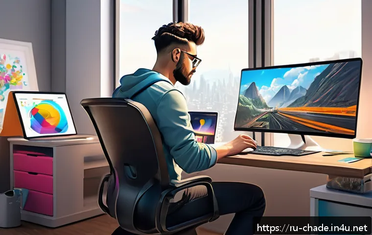 캐릭터 디자인 작업 속도 높이는 팁 - A modern digital artist’s workspace focused on productivity: a neat desk with a large graphic tablet...