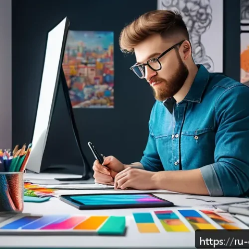 Home 17 캐릭터 디자인의 글로벌 취업 성공 사례 - A young Russian character designer at a modern art studio desk, surrounded by sketches, digital tabl...