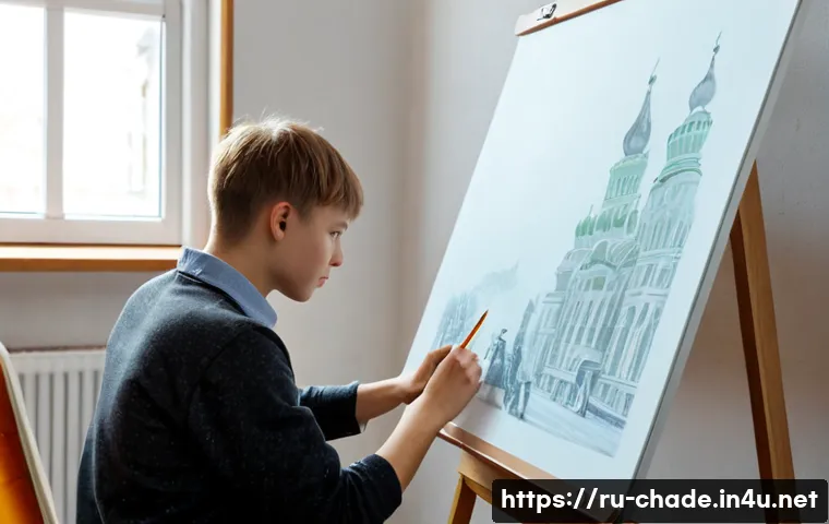 Home 17 캐릭터 디자인 실습 강의 추천 - Photorealistic creative workshop scene in a modern Russian art school, a young adult student designi...