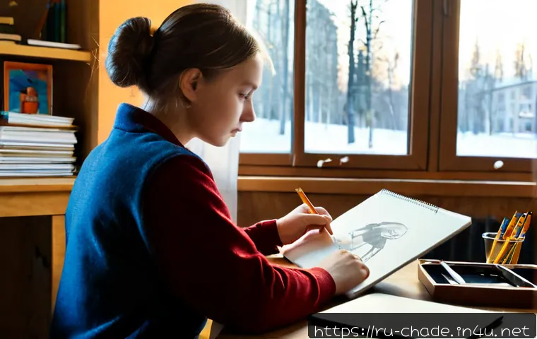 캐릭터 디자인 학습 루트 - Photorealistic young Russian character design student at a tidy apartment desk in Moscow, arranging ...